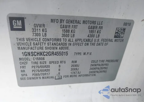 2016 Chevrolet Suburban Lt z USA, uszkodzony, nr VIN 1GNSCHKC2GR455015